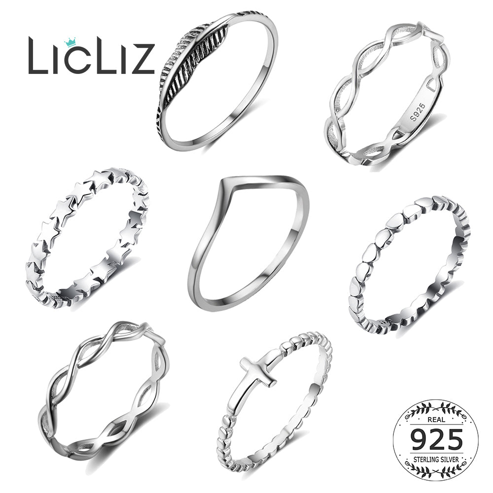 LicLiz 2020 Simple 925 Sterling Silver V Shape Rings for Women Heart Star Leaf Braided Band Silver Jewelry Joyas de Plata LR0470